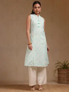 Soch Ethnic Motifs Printed Mandarin Collar Sleeveless Thread Work Linen Straight Kurta