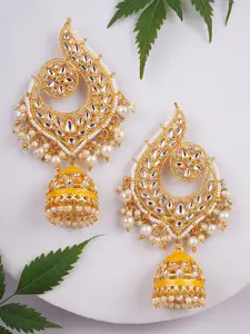Adwitiya Collection Gold-Plated Stones Studded & Pearls Beaded Dome Shaped Jhumkas