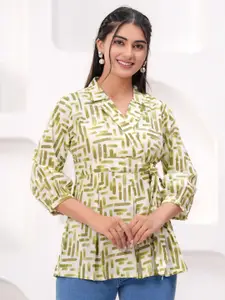 KALINI Women Abstract Printed Lapel Collar Cotton Wrap Top