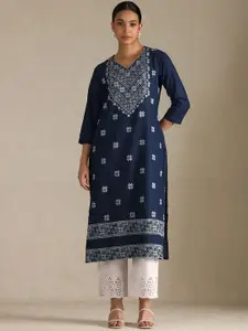 Soch Floral Printed V-Neck Denim Straight Kurta