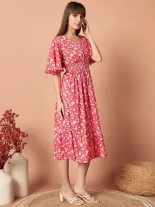 Raiyani Fashion Floral Print V Neck Puff Sleeves Crepe Fit & Flare Midi Dress