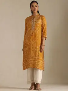 Soch Bandhani Printed Mandarin Collar Zardozi Work Muslin Straight Kurta