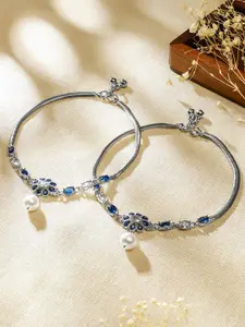 Rubans Set of 2 Oxidised Silver-Plated Blue & White Kundan Stone Anklets with Pearl Accent