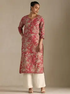 Soch Floral Printed Notch Neck Linen Straight Kurta