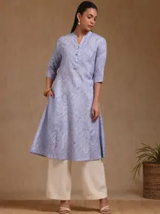 Soch Ethnic Motifs Printed Mandarin Collar Panelled Linen A-Line Kurta