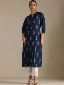 Soch Floral Printed Mandarin Collar Denim Straight Kurta