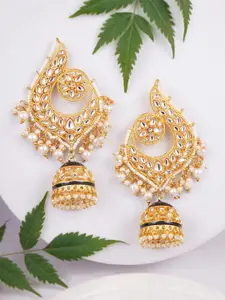 Adwitiya Collection Gold-Plated Stones Studded & Pearls Beaded Dome Shaped Jhumkas