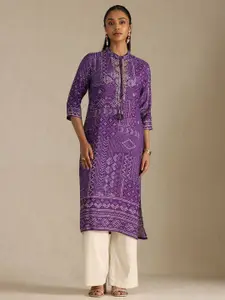 Soch Bandhani Printed Tie-Up Neck Sequins Muslin Straight Kurta