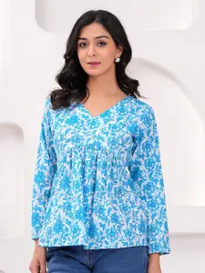 KALINI Women Floral Printed V-Neck Cotton Empire Top