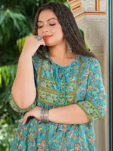 KALINI Floral Printed Tie-Up Neck A-Line Kurti