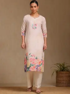 Soch Floral Printed Notch Neck Beads & Stones Straight Kurta