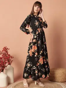 Raiyani Fashion Floral Print Tie-Up Neck Crepe Fit & Flare Maxi Dress