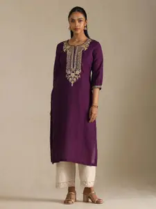 Soch Floral Yoke Desing Notch Neck Thread Work Ruby Silk Straight Kurta