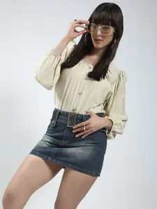 Sera Women Beige Cotton Nylon Puff Sleeve Korean Top