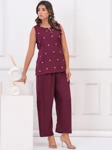 all about you Embroidered Round Neck Top With Trousers