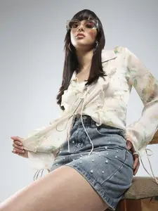 Sera Women Printed Tasselled Tie-Up Shrug