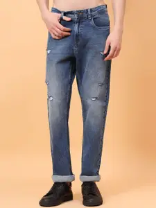 MEGHZ Men Classic Straight Fit Mid-Rise Mildly Distressed Light Fade Stretchable Jeans