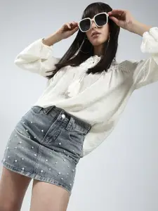 Sera Women Offwhite Lace and Tassel Tie up Boho Chic Korean Top