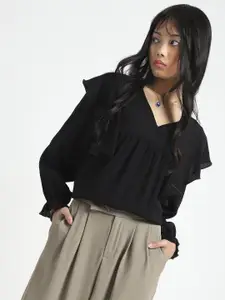 Sera Women Black V-Neck Ruffle Detail Top