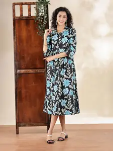 Anouk Women Floral Print Shirt Collar A-Line Midi Cotton Dress