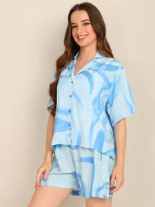 all about you Abstract Printed Lapel Collar Shirt With Shorts