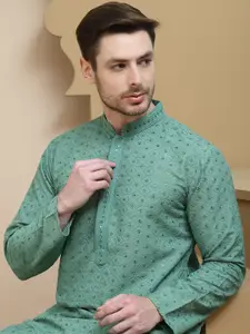 Jompers Geometric Embroidered Mandarin Collar Sequinned Straight Kurta With Pyjamas