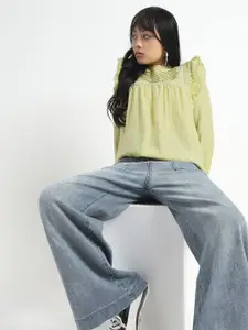 Sera Women Lime Green Pleated Yoke Ruffle Top