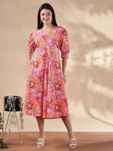 Anouk Women Cotton Floral Printed Cuffed Sleeves V-Neck Fit & Flare Maxi Dress