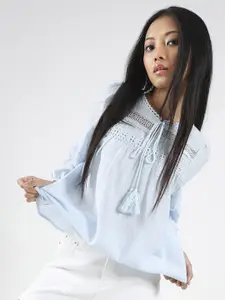 Sera Women Light Blue Lace & Tassel Tie up Boho Chic Korean Top