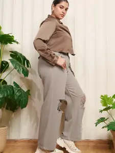 FREAKINS Women Cotton Ash Grey Distress Curve Wide Leg Jeans