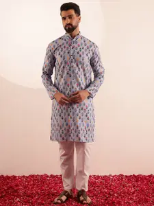 SOJANYA Floral Printed Mandarin Collar  Linen Kurta With Pyjamas