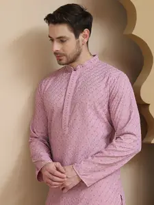 Anouk Floral Embroidered Mandarin Collar Sequinned Straight Kurta With Pyjamas