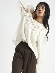 Sera Women Off-White Pleated Yoke Ruffle Korean Top