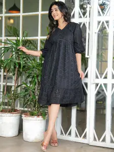 all about you Women Cotton Puff Sleeve Fit & Flare Midi Dress