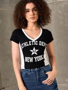 SASSAFRAS Women Typography Printed V-Neck T-shirt