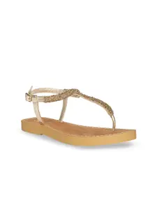 Saint G Women Gold Embellished Leather T-Strap Flats