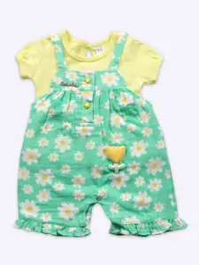 Babys Day Infant Girls Printed Cotton Dungarees With T-Shirt