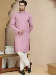 Jompers Geometric Embroidered Mandarin Collar Sequinned Straight Kurta With Pyjamas