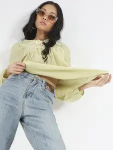 Sera Women Lime Green Tie-Up Neck Lace-Up Detail Top