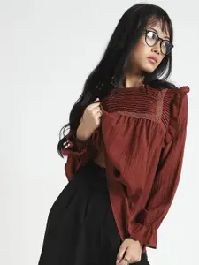 Sera Women Rust Pleated Yoke Ruffle Top