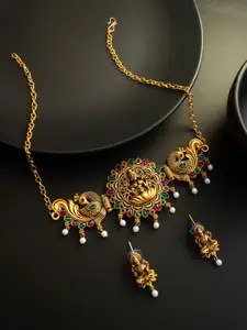 aadita Gold-Plated Kundan Studded & Artificial Beaded Temple Necklace & Earrings