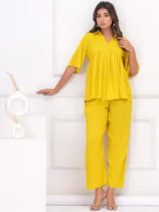 all about you Shirt Collar Pure Cotton Pleated Top With Trousers