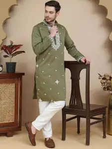 Jompers Embroidered Thread Work Mandarin Collar Straight Kurta With Pyjamas