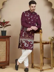Jompers Floral Embroidered Mandarin Collar Thread Work Straight Kurta With Pyjamas