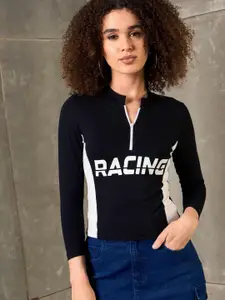 SASSAFRAS Women Typography Printed High Neck Slim Fit T-shirt