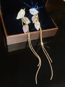 VAGHBHATT Gold-Plated Cubic Zirconia Studded Leaf Shaped Drop Earrings