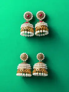 aadita Set Of 2 Gold-Plated Artificial Stones Studded & Beaded Dome Shaped Jhumkas