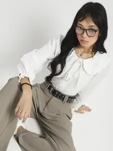 Sera Women Peter Pan Collar Floral Lace Detail Oversized Shirt