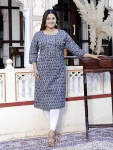 Jevi Prints Ethnic Motifs Block Printed Round Neck Straight Pure Cotton Kurta