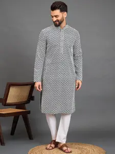House of Pataudi Men Geometric Sequin Embroidered Mandarin Collar Straight Kurta